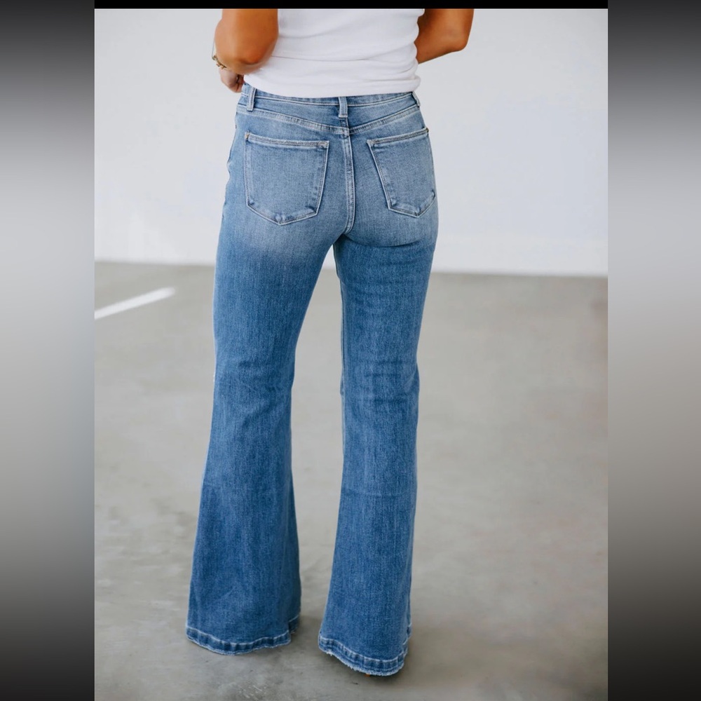 Petra Flare Jeans Size 13/30 Medium Wash High Rise Distressing Stretch - Picture 2 of 13